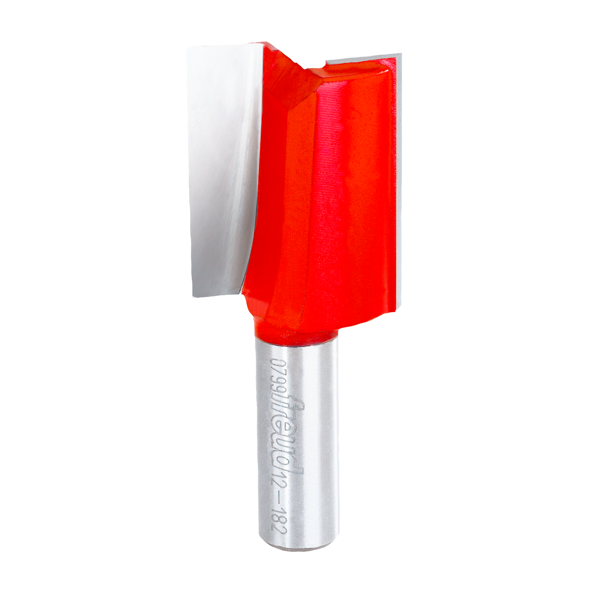 Red and silver router bit with two flutes and cylindrical shank, 1-1/4" diameter straight cutting head.