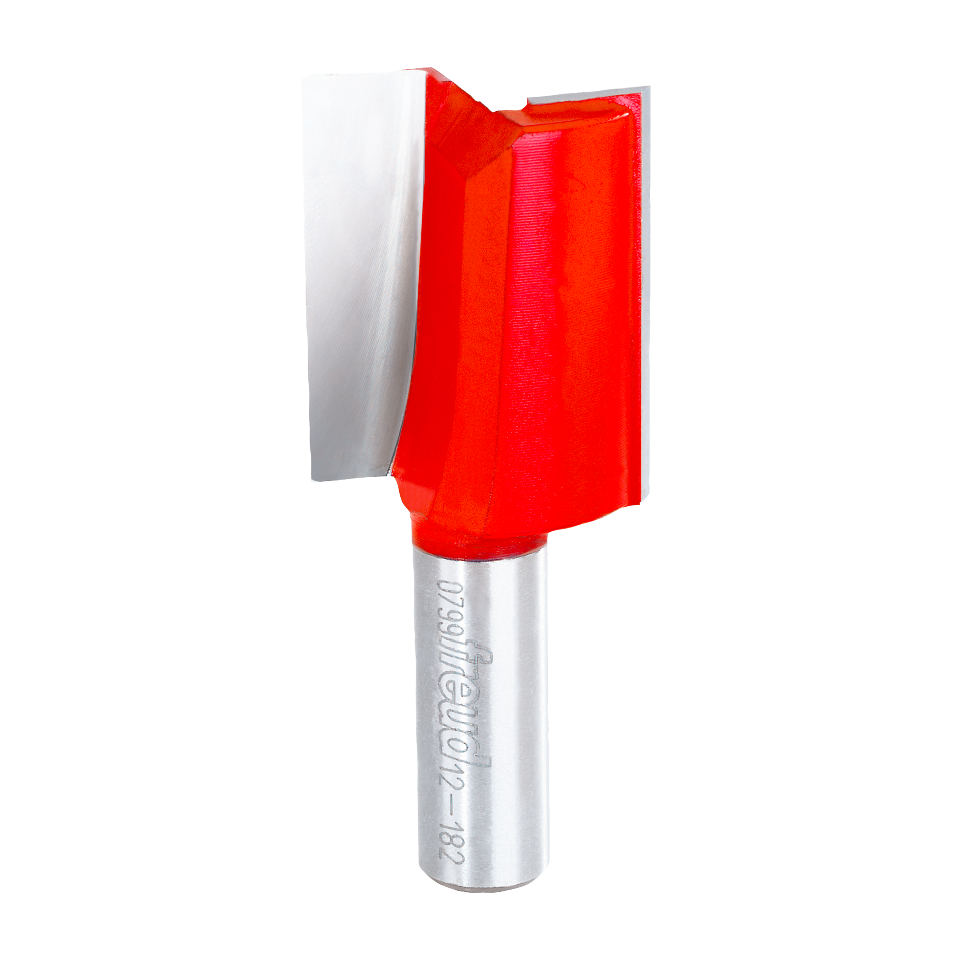 Red and silver router bit with two flutes and cylindrical shank, 1-1/4" diameter straight cutting head.