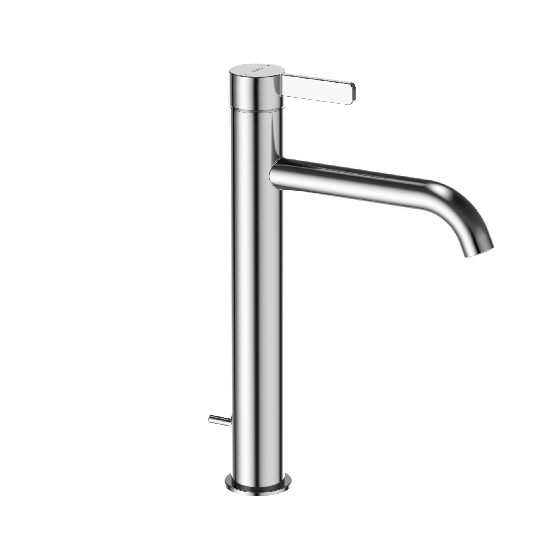 Polished chrome single-handle vessel bathroom faucet with tall cylindrical spout and lever handle.