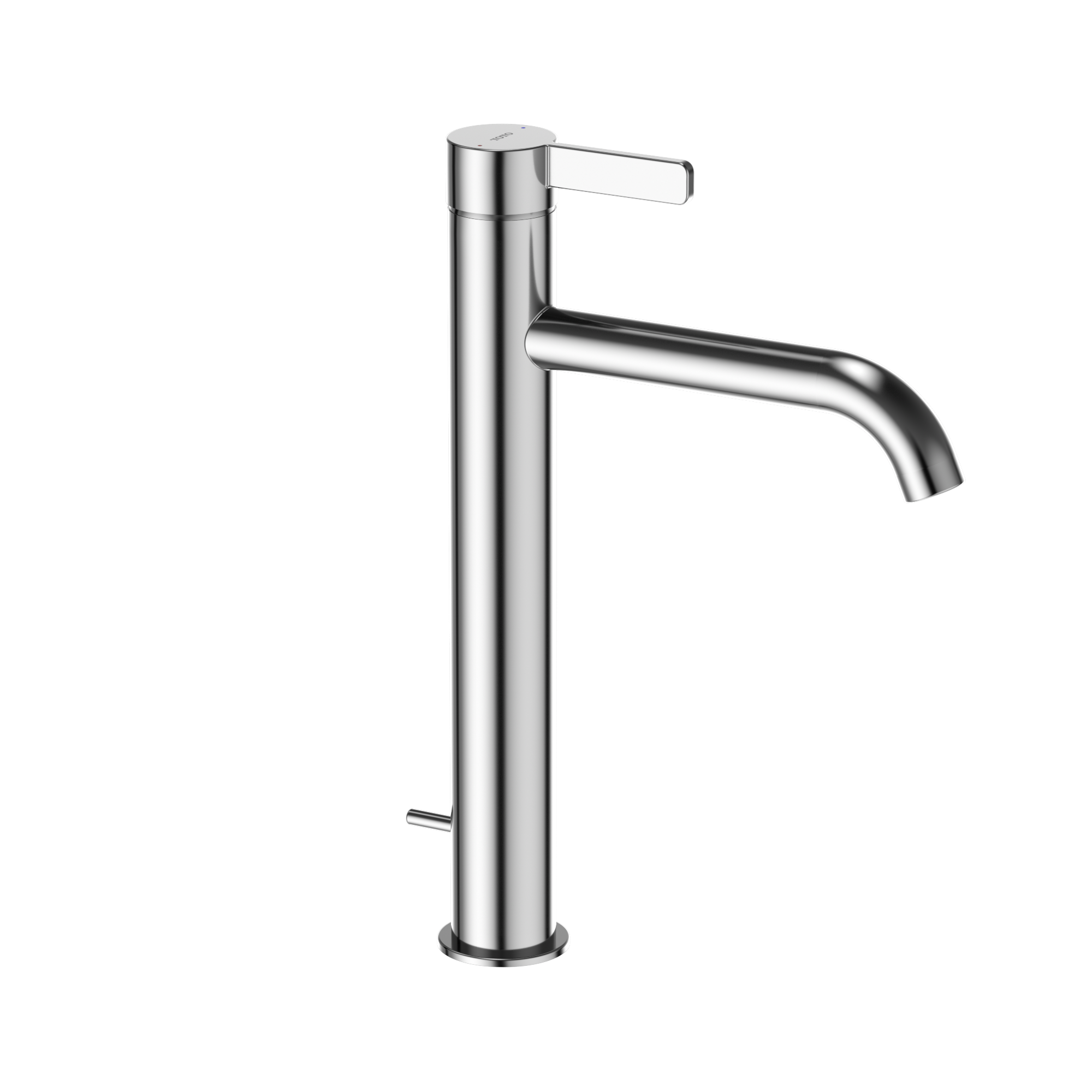 Polished chrome single-handle vessel bathroom faucet with tall cylindrical spout and lever handle.