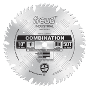 10" circular saw blade with 50 teeth, full kerf, 5/8" arbor, combination tooth design for ripping and crosscutting.