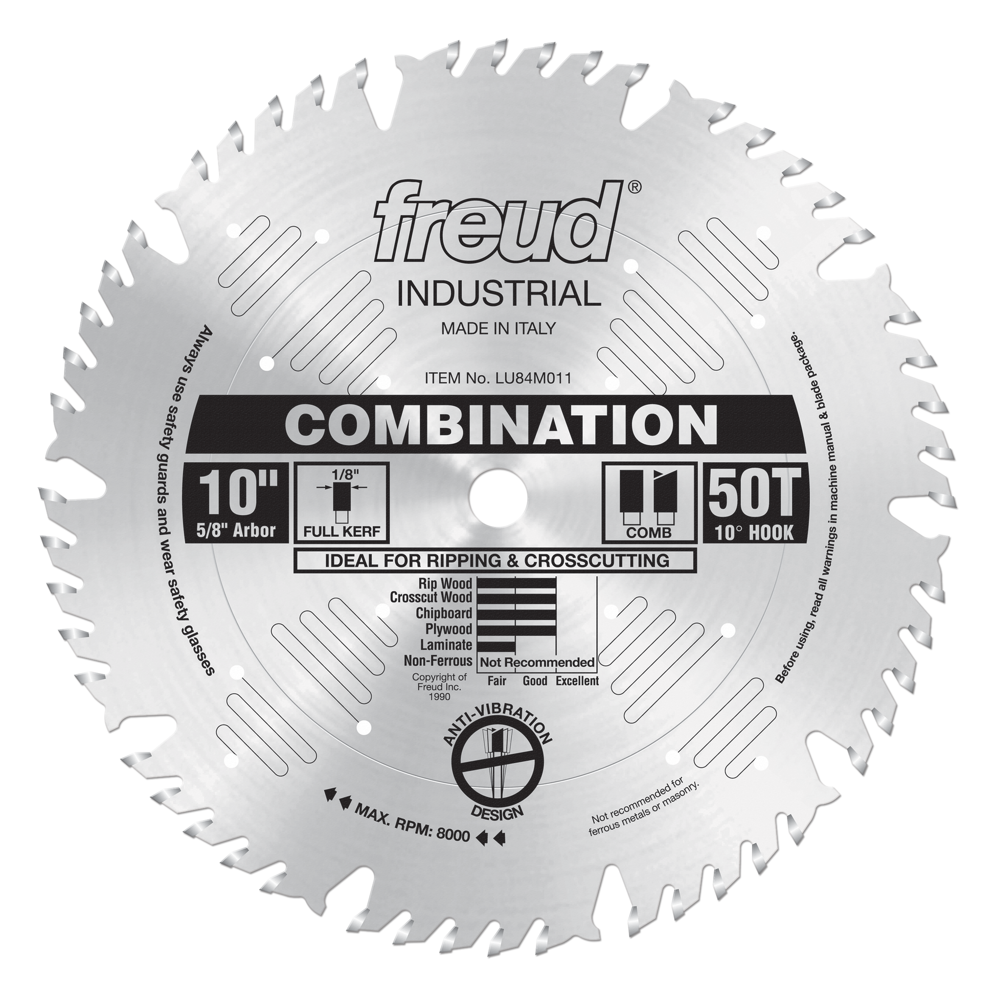 10" circular saw blade with 50 teeth, full kerf, 5/8" arbor, combination tooth design for ripping and crosscutting.