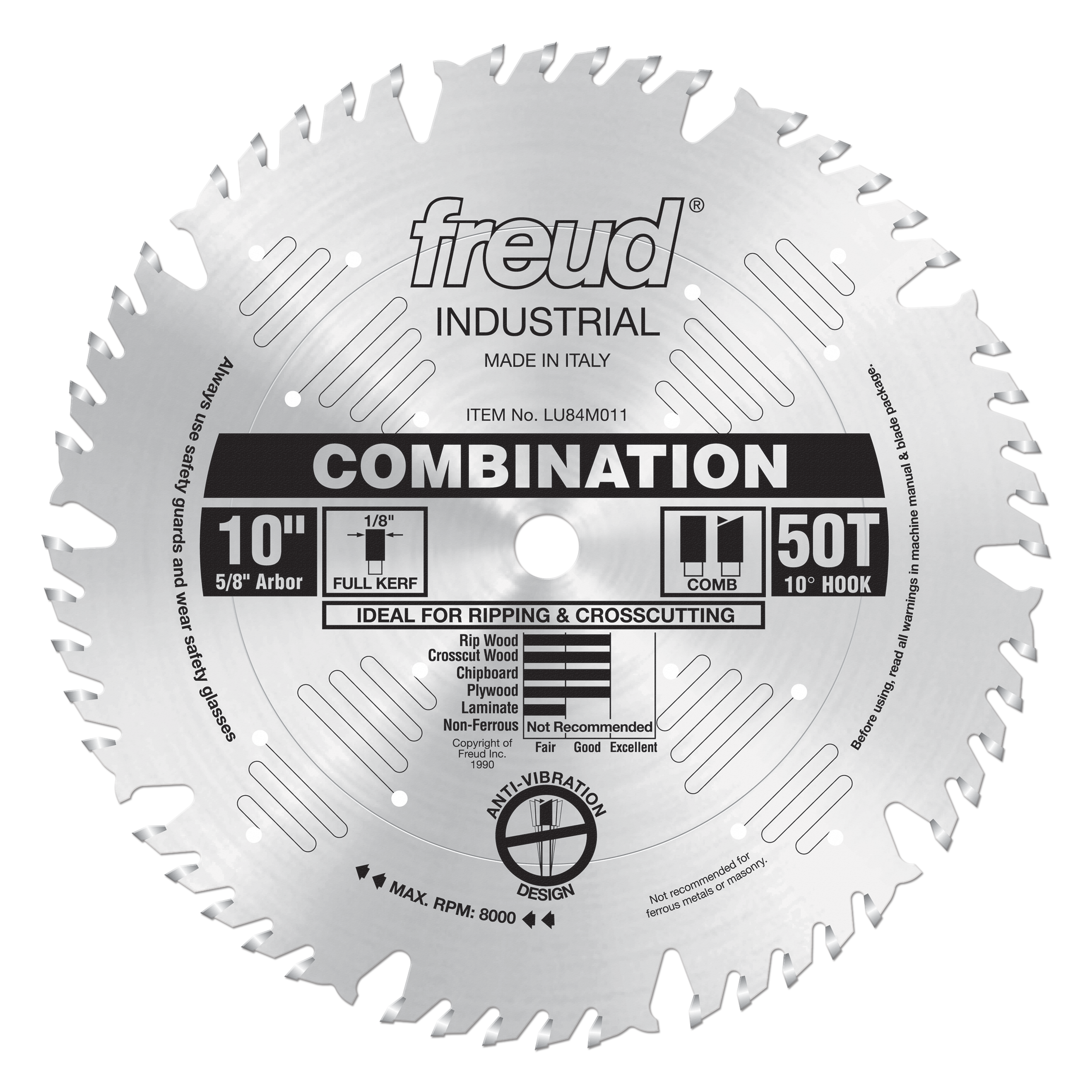 10" circular saw blade with 50 teeth, full kerf, 5/8" arbor, combination tooth design for ripping and crosscutting.
