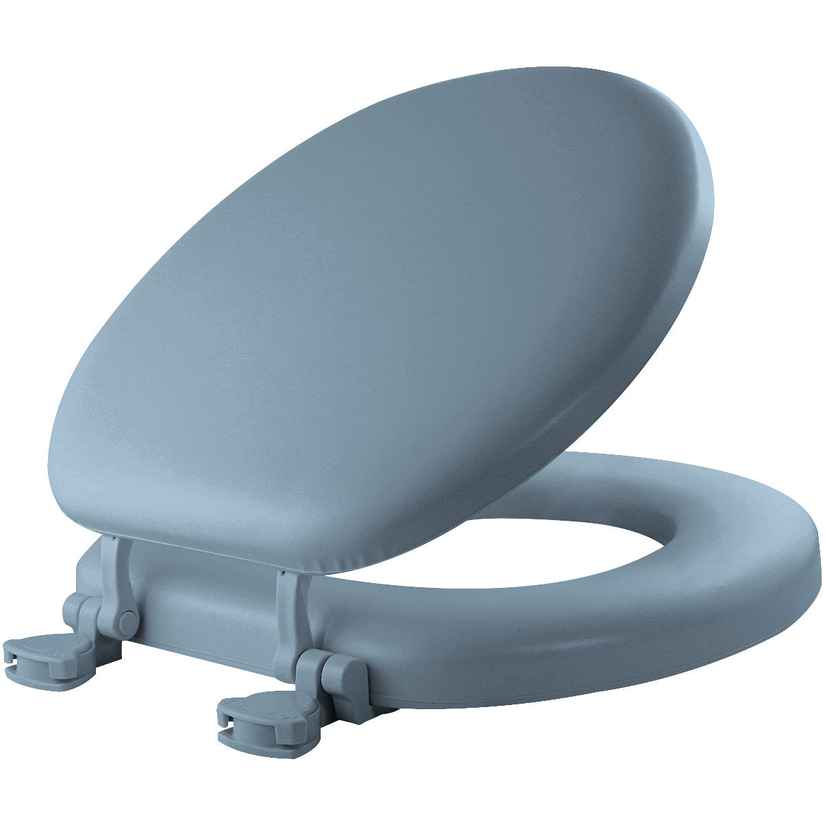 Round sky blue cushioned vinyl toilet seat with hinges and fastening hardware visible.