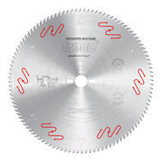 Circular saw blade with silver finish, carbide teeth around perimeter, central hole, red wavy slot markings, and Freud brandi