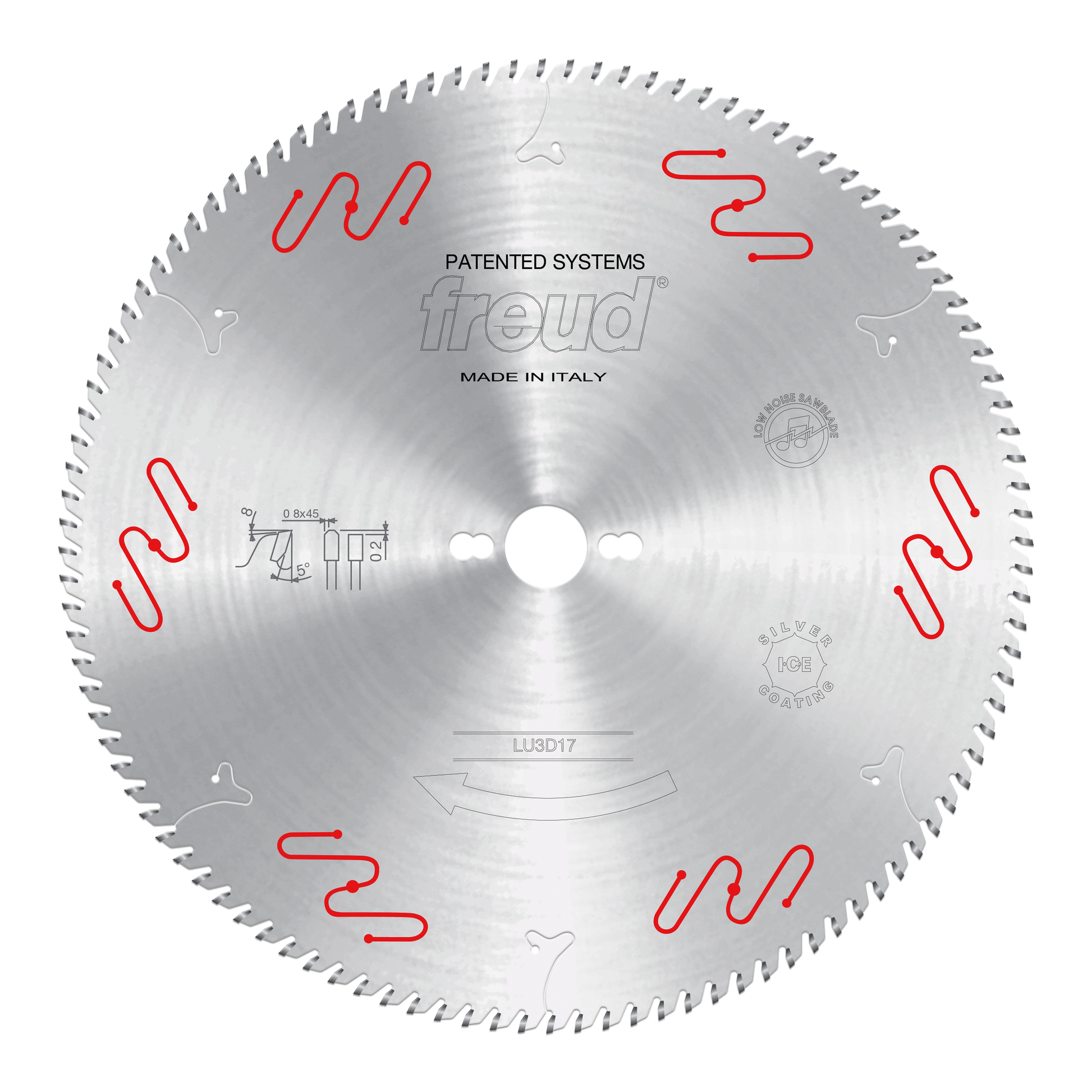 Circular saw blade with silver finish, carbide teeth around perimeter, central hole, red wavy slot markings, and Freud brandi