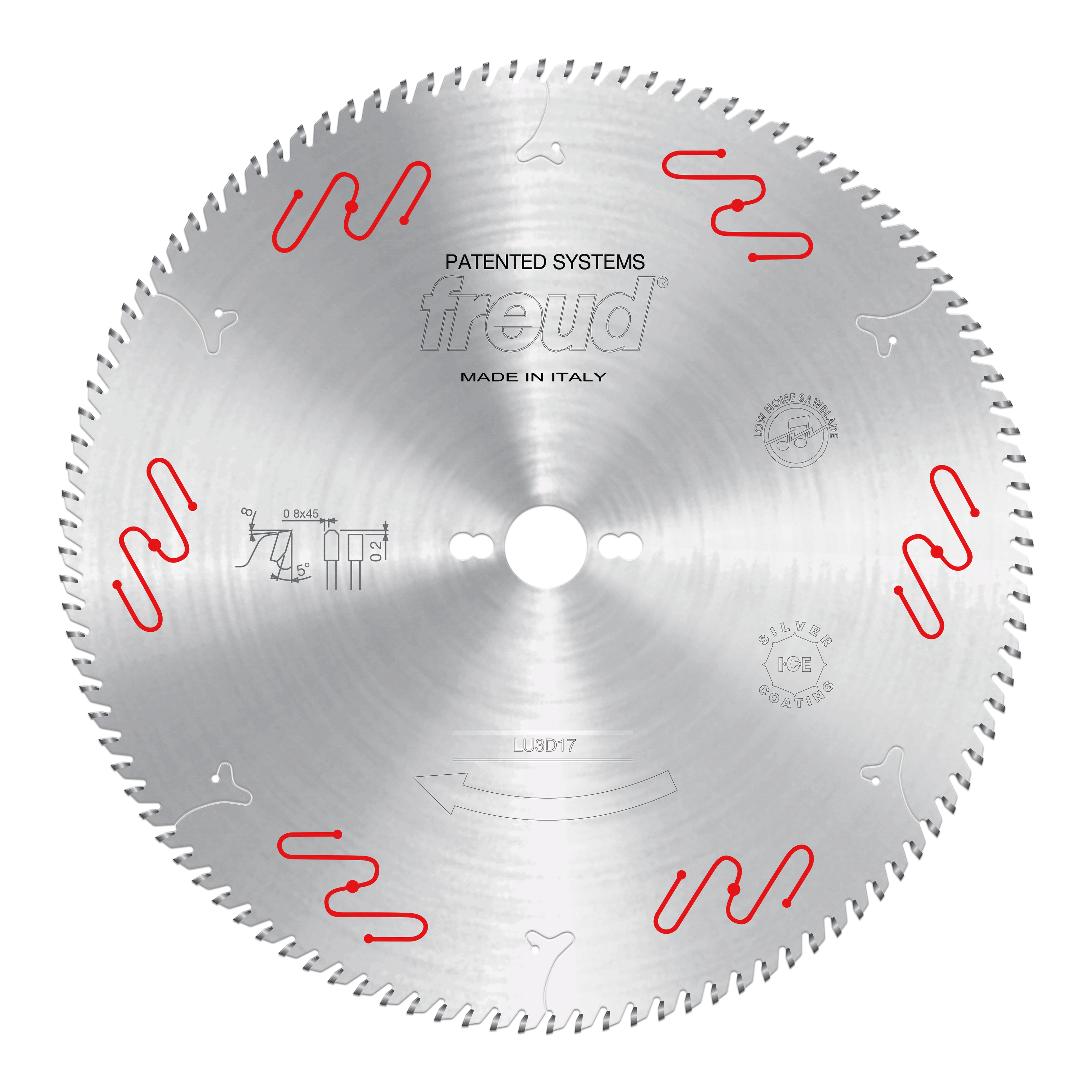 Circular saw blade with silver finish, carbide teeth around perimeter, central hole, red wavy slot markings, and Freud brandi