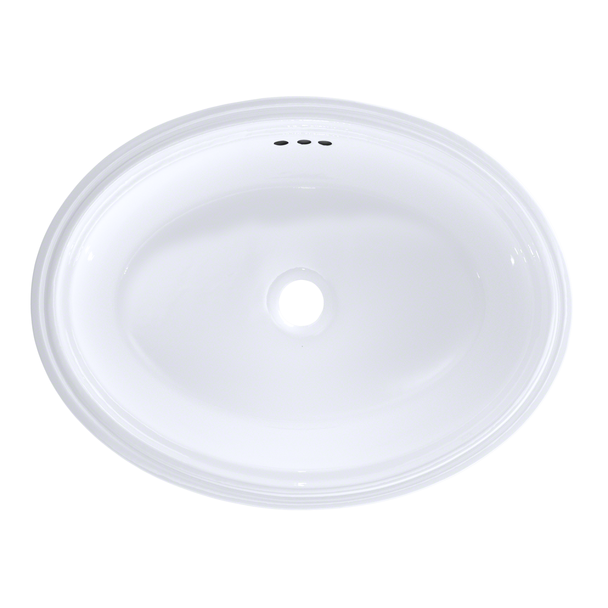 White oval undermount bathroom sink with single faucet hole, viewed from above.