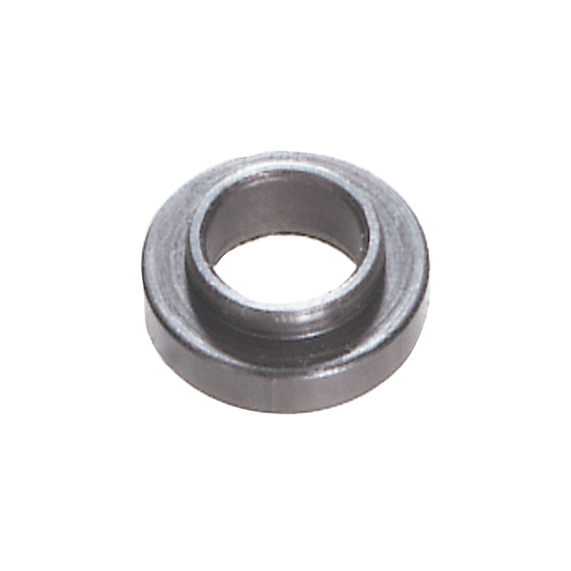 Metal washer with circular flat base and center hole on white background.