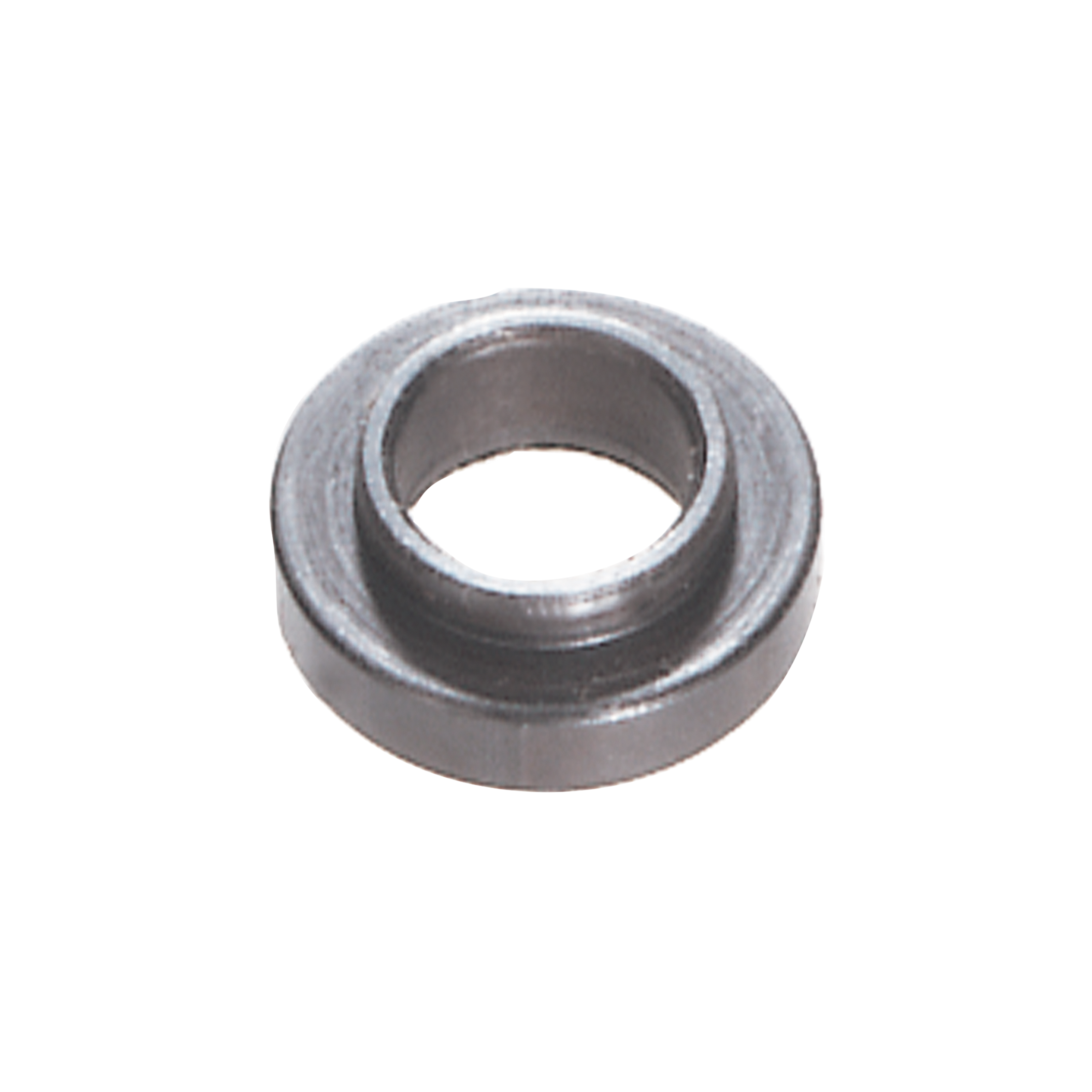 Metal washer with circular flat base and center hole on white background.