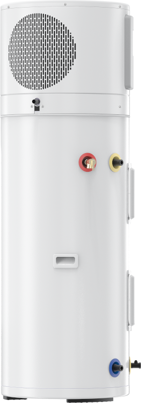 White cylindrical hybrid water heater with ventilation unit on top and red and blue connection ports on front.