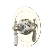 Polished nickel round thermostatic shower trim with white porcelain lever handle and circular escutcheon plate.