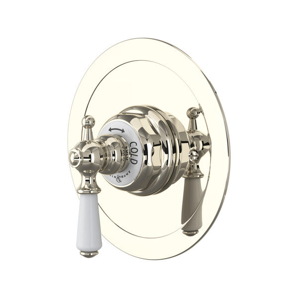 Polished nickel round thermostatic shower trim with white porcelain lever handle and circular escutcheon plate.