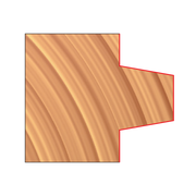 Wedge tongue and groove router cutter with angled cutting edges outlined in red against wood grain background.
