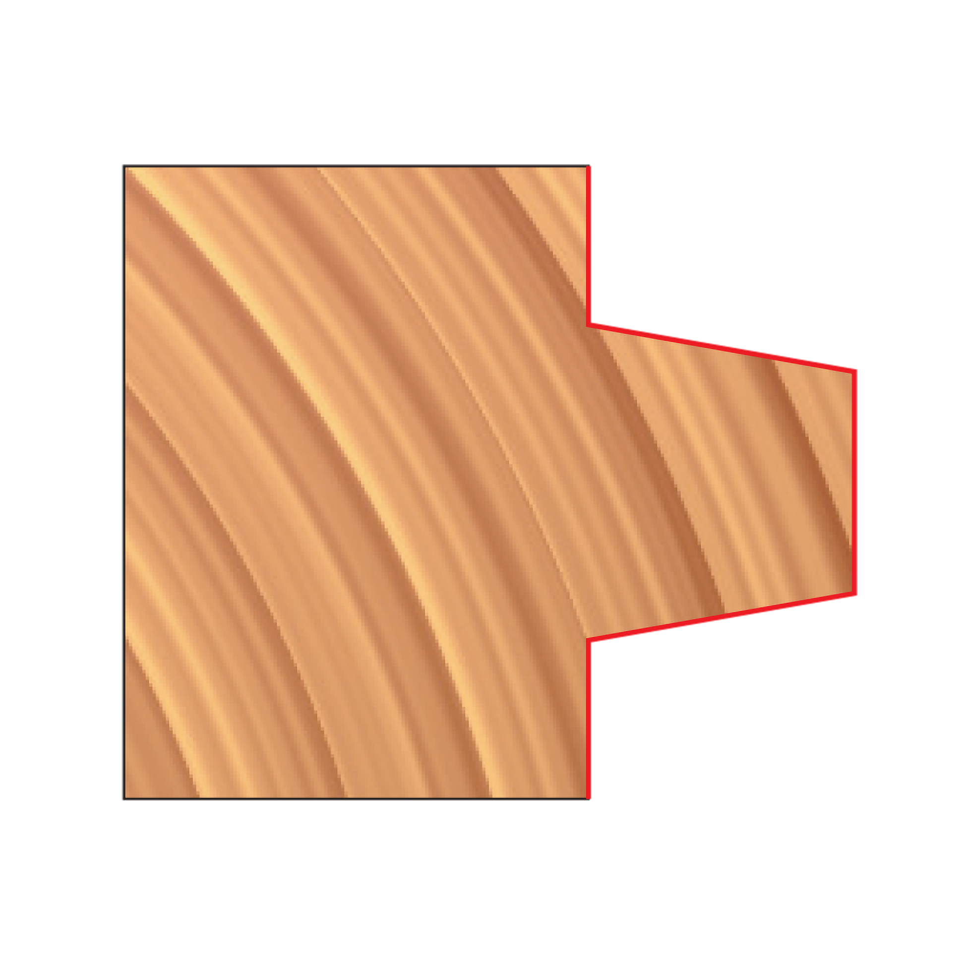 Wedge tongue and groove router cutter with angled cutting edges outlined in red against wood grain background.