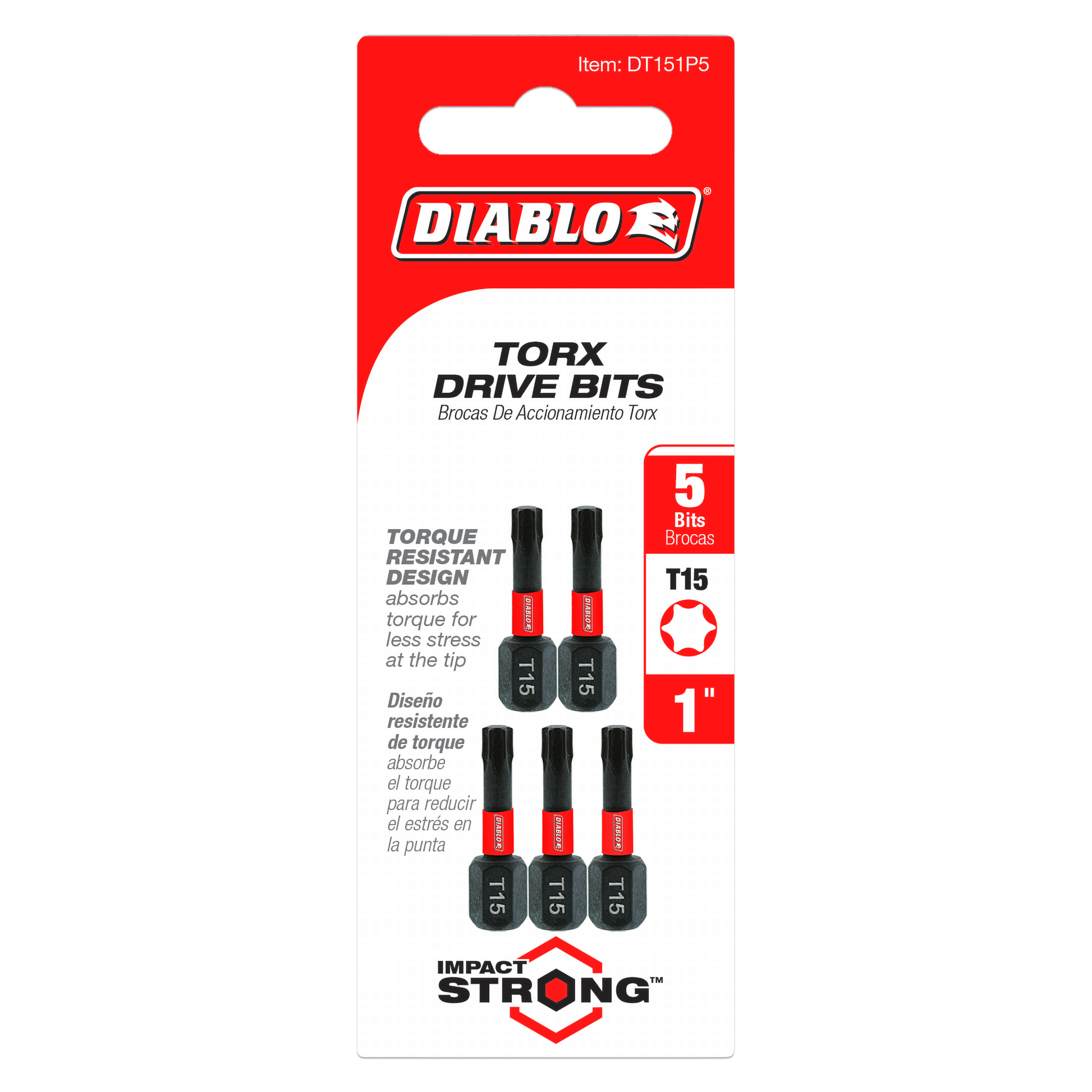 Five black and red Diablo T15 Torx drive bits, 1 inch length, displayed on red and white packaging.