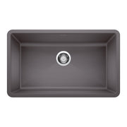 Cinder gray single bowl undermount sink with chrome drain strainer, viewed from above.