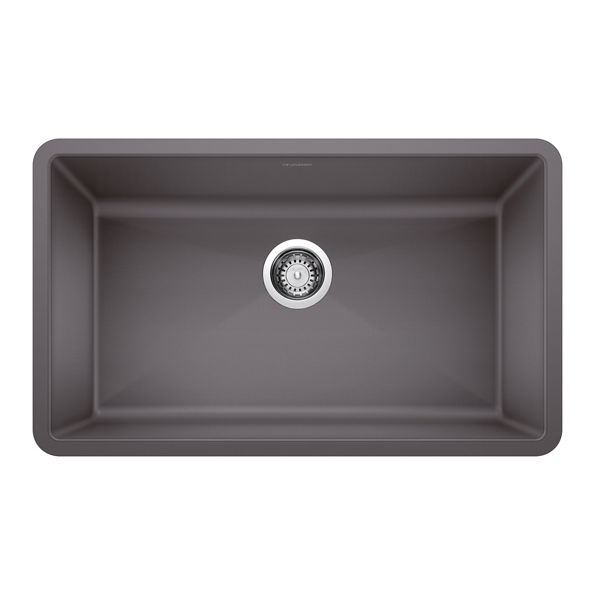 Cinder gray single bowl undermount sink with chrome drain strainer, viewed from above.