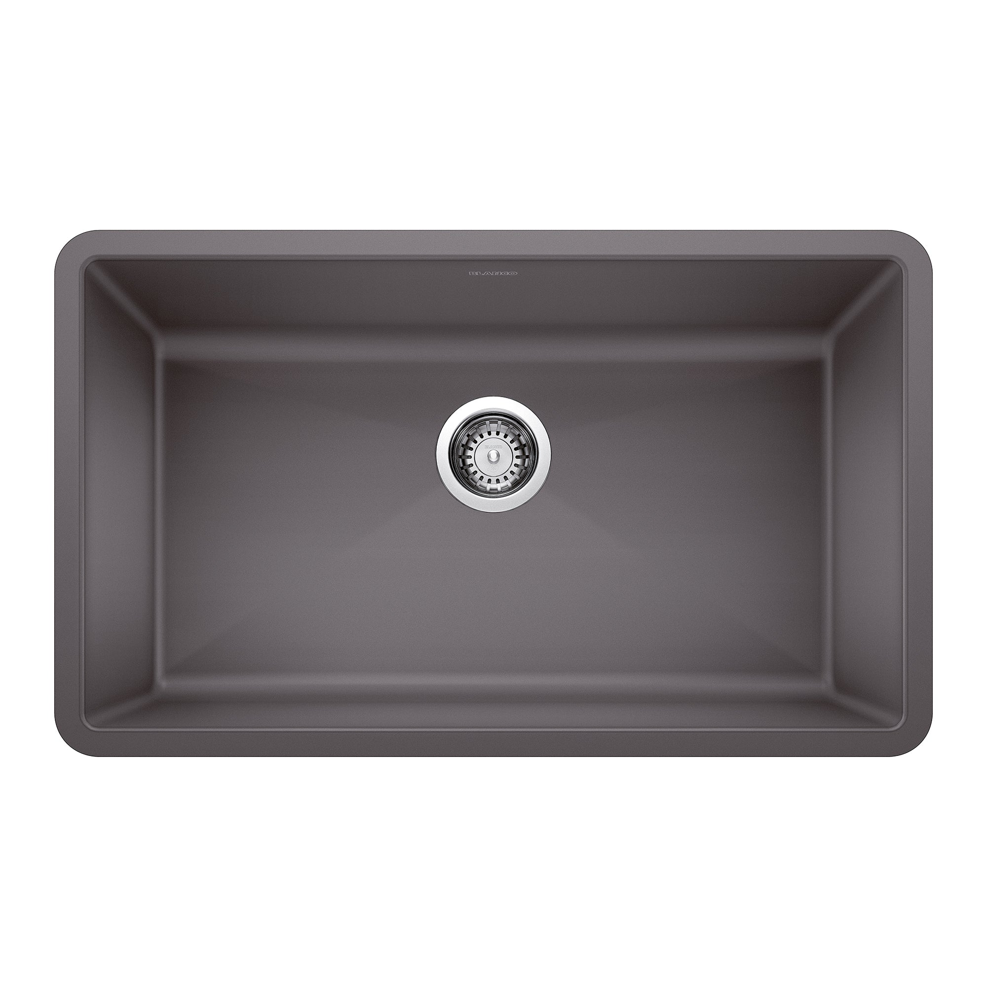 Cinder gray single bowl undermount sink with chrome drain strainer, viewed from above.