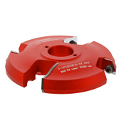 Red router cutter head with multiple cutting edges and center bore, mounted on white background.