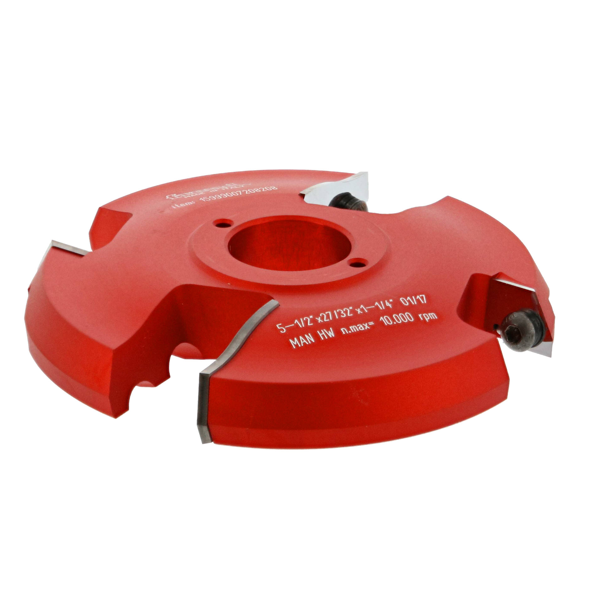 Red router cutter head with multiple cutting edges and center bore, mounted on white background.