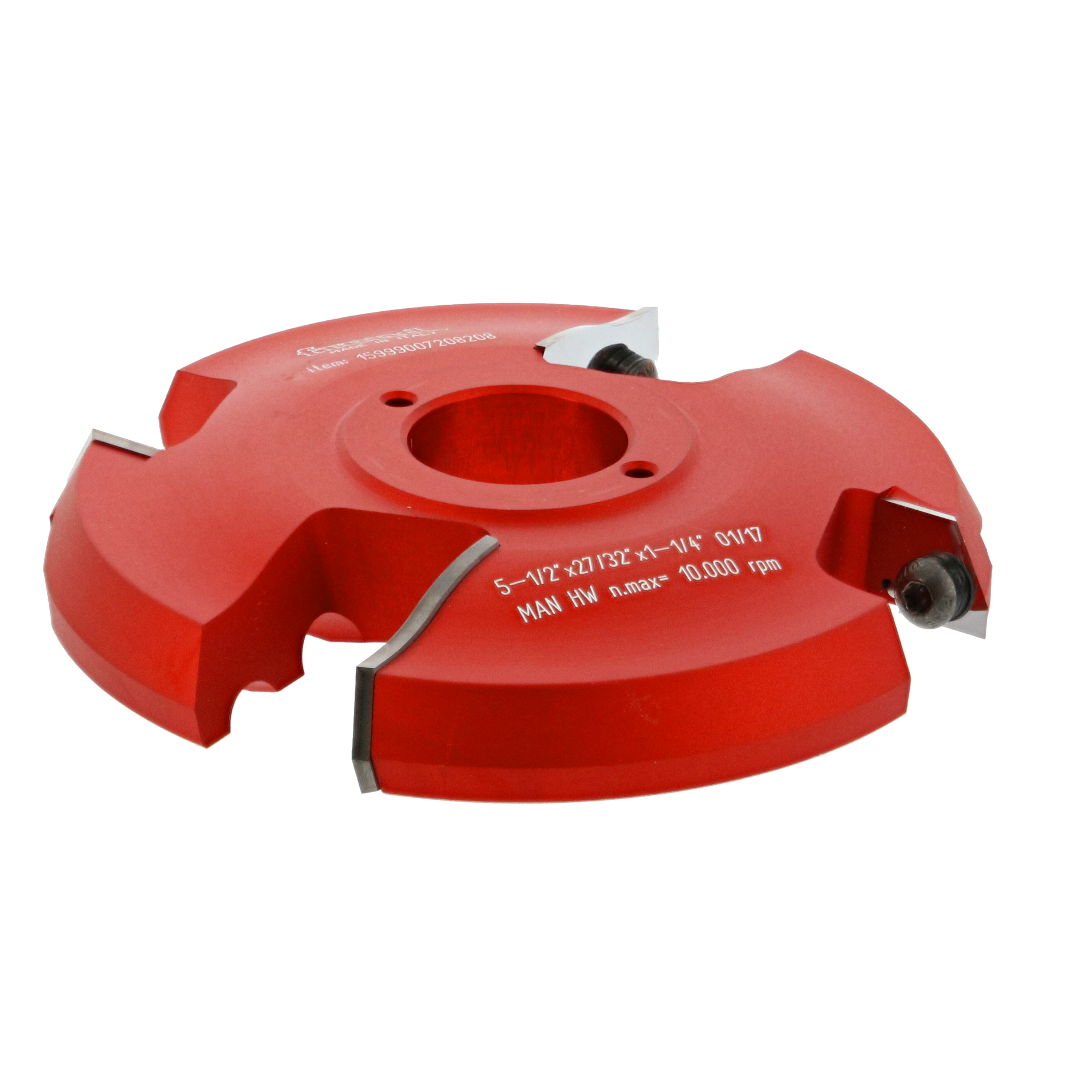 Red router cutter head with multiple cutting edges and center bore, mounted on white background.