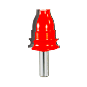 Red casing bit with bell-shaped cutting head and metal shank for router use.