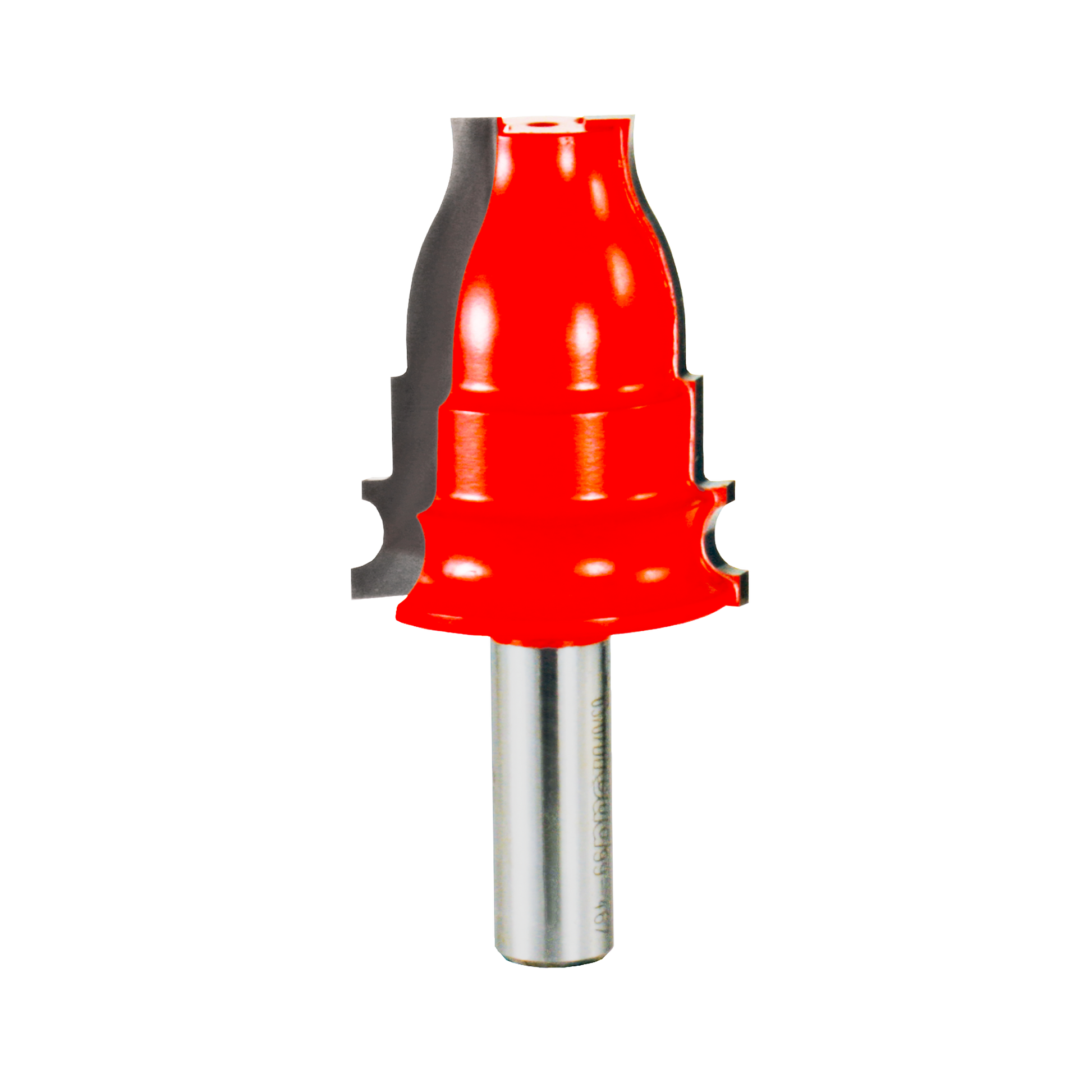 Red casing bit with bell-shaped cutting head and metal shank for router use.