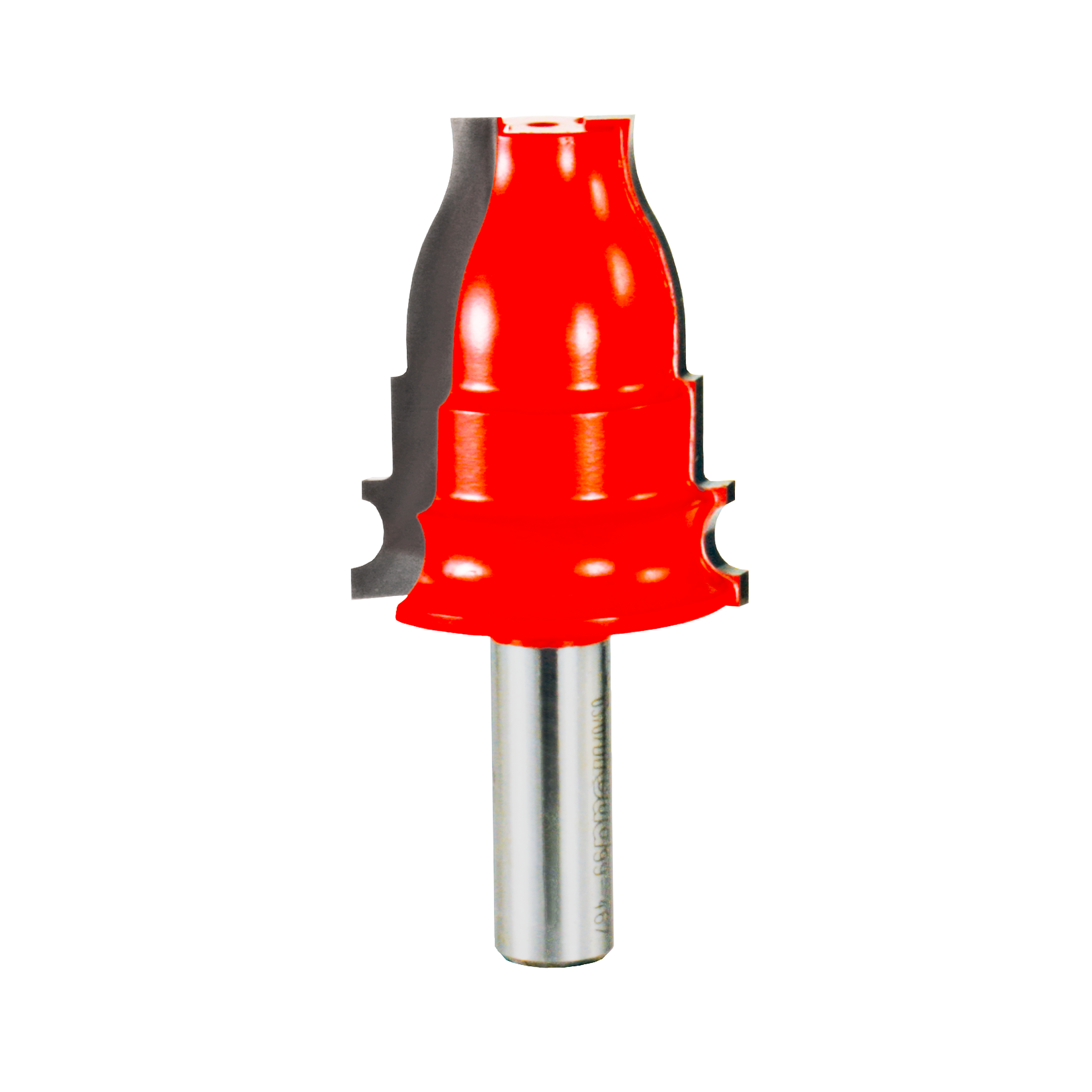 Red casing bit with bell-shaped cutting head and metal shank for router use.