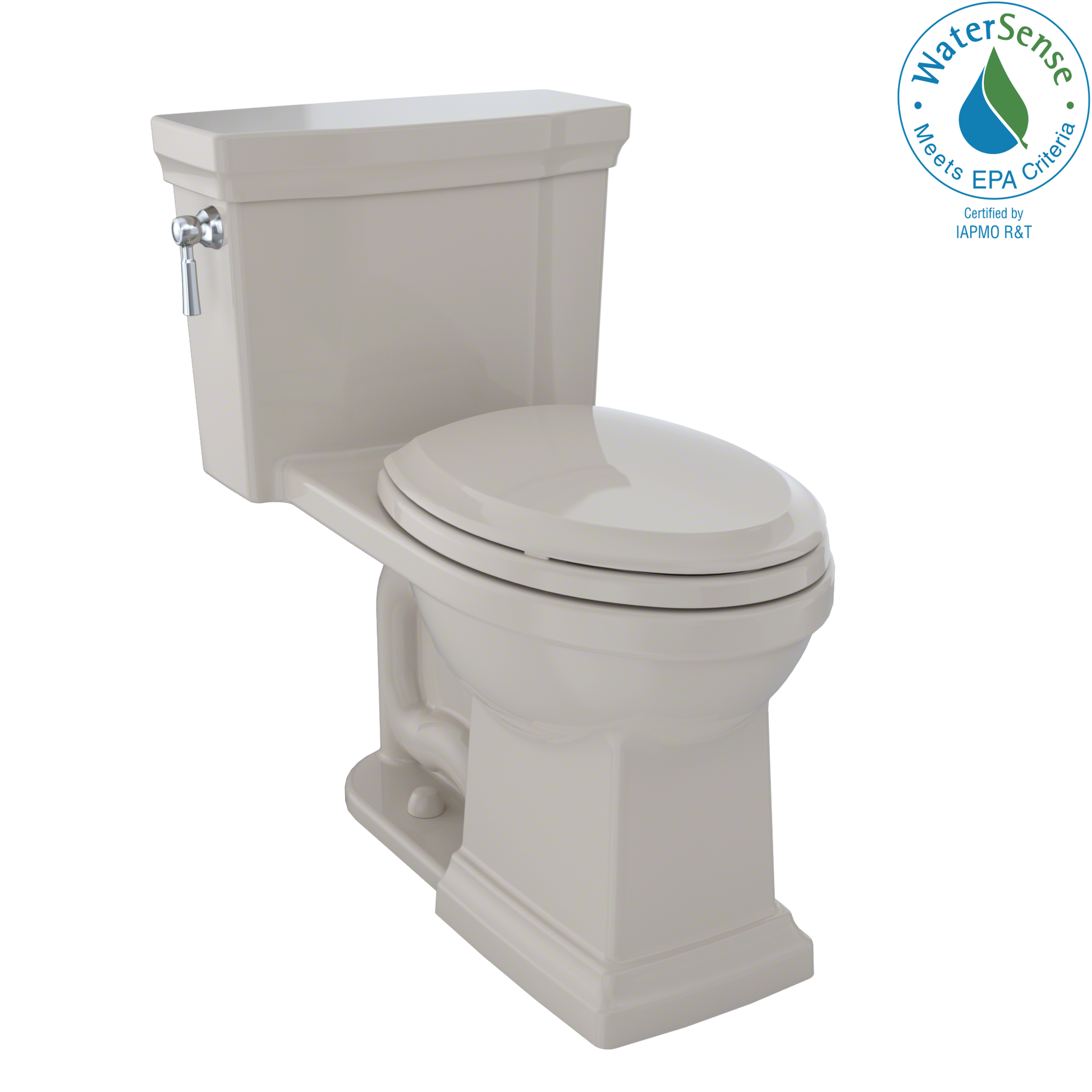 Bone-colored one-piece elongated toilet with soft-close seat and matching tank, viewed from the side angle.