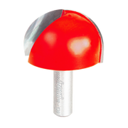 Red round nose router bit with silver shank and Freud branding visible on the cylindrical stem.