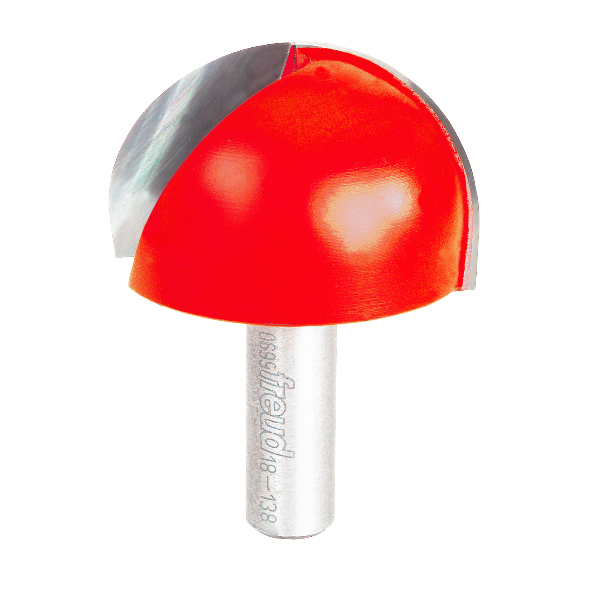 Red round nose router bit with silver shank and Freud branding visible on the cylindrical stem.