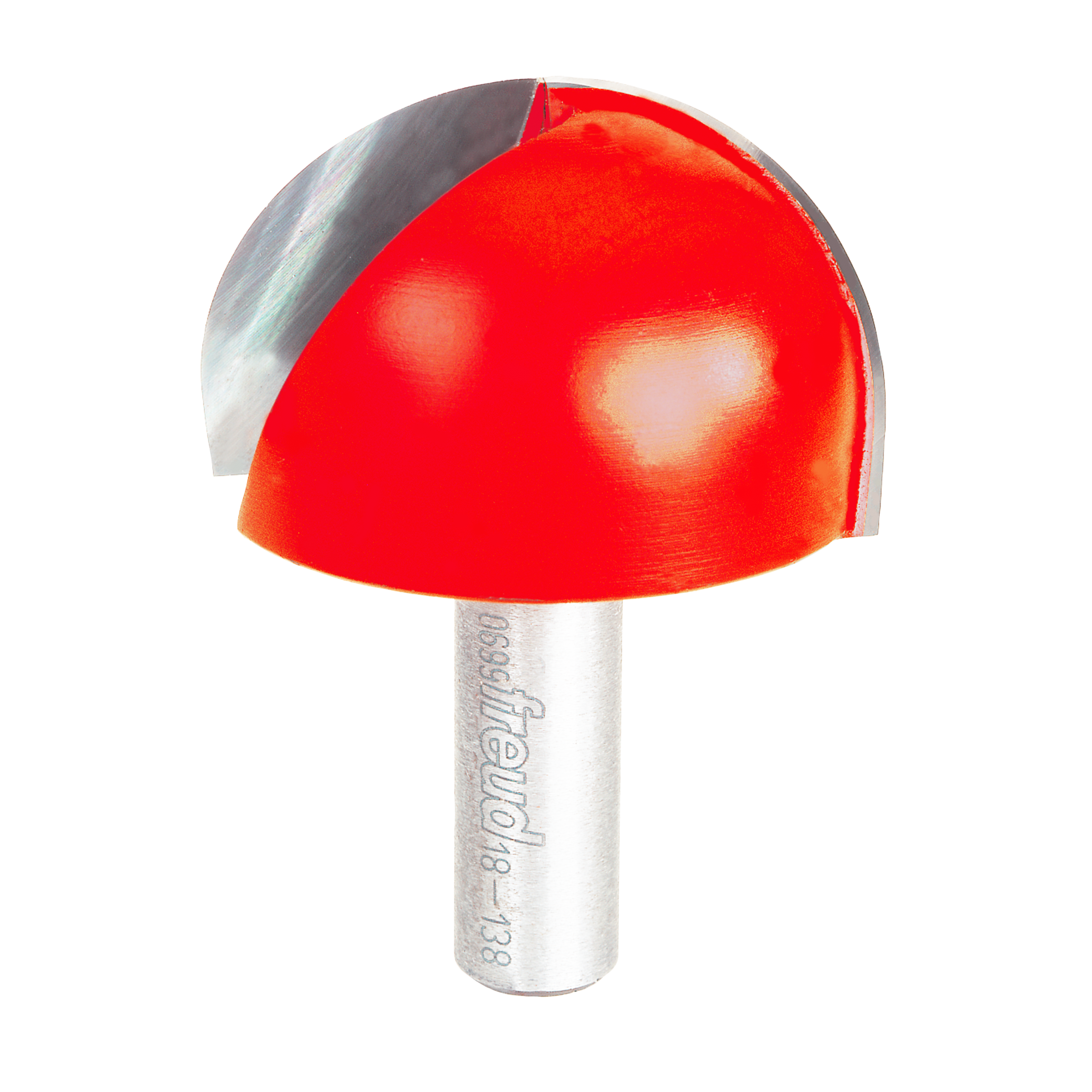 Red round nose router bit with silver shank and Freud branding visible on the cylindrical stem.