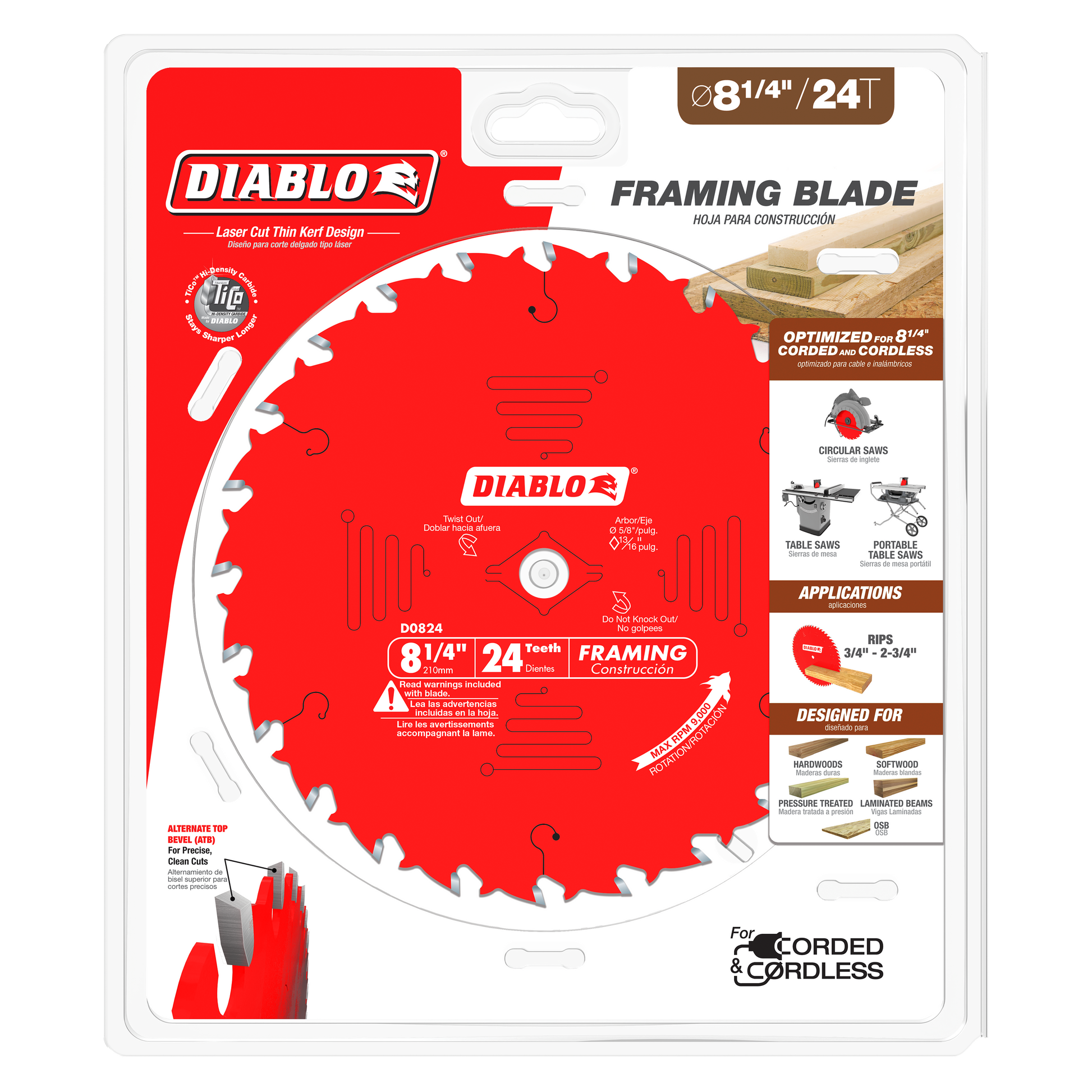 Red circular saw blade with 24 white teeth, 8-1/4 inch diameter, mounted on retail packaging.