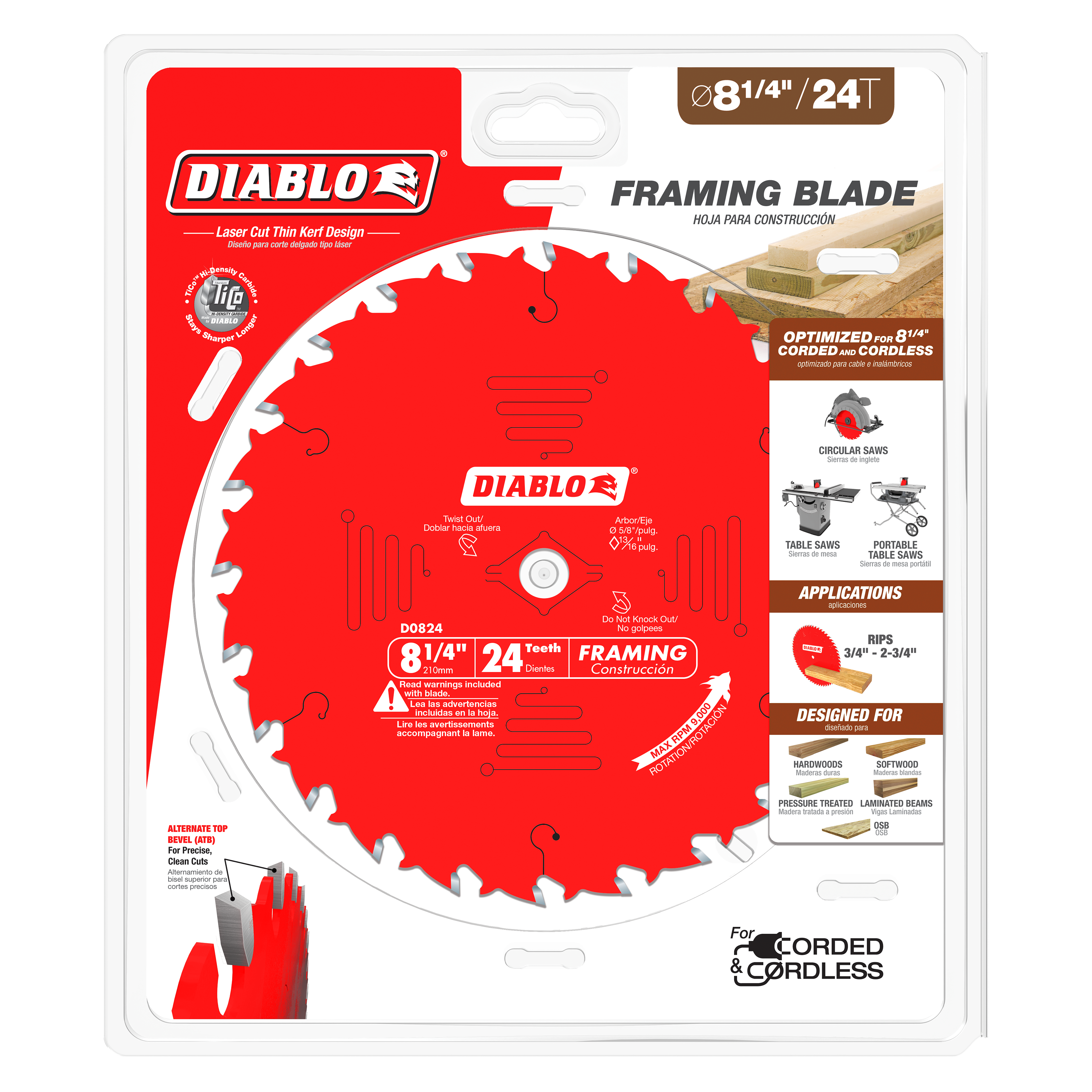 Red circular saw blade with 24 white teeth, 8-1/4 inch diameter, mounted on retail packaging.