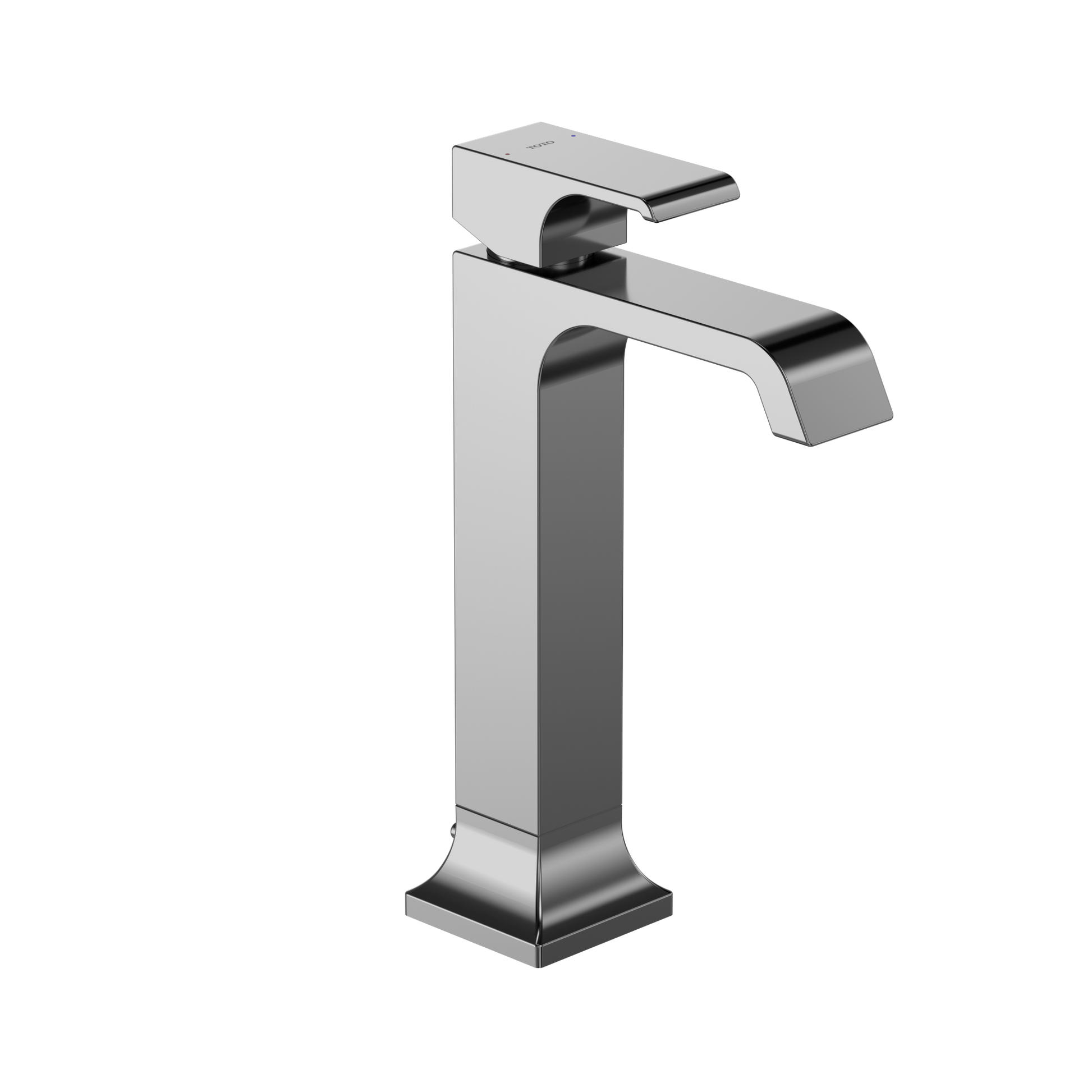 Polished chrome single-handle vessel sink faucet with tall squared body and curved spout.