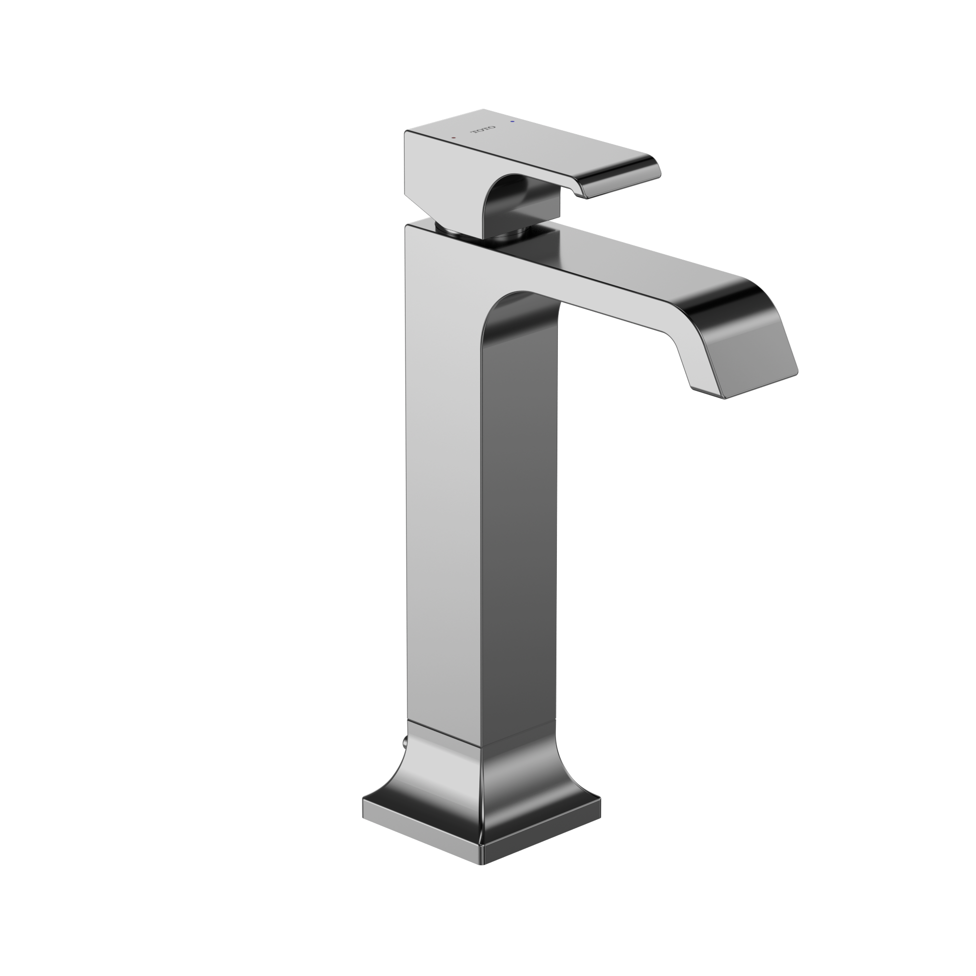 Polished chrome single-handle vessel sink faucet with tall squared body and curved spout.