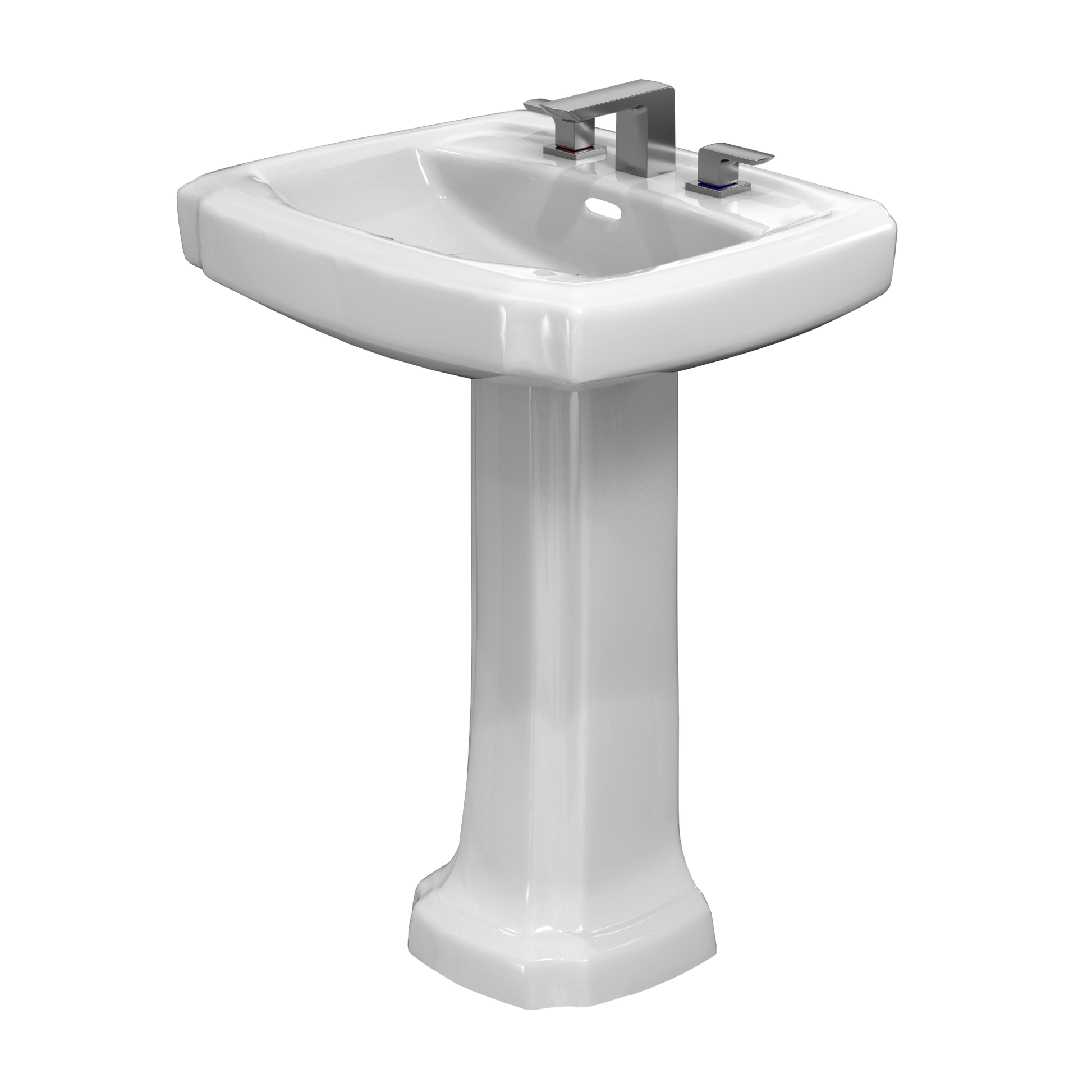 White ceramic pedestal sink with rectangular basin and chrome faucet fixture mounted on center.