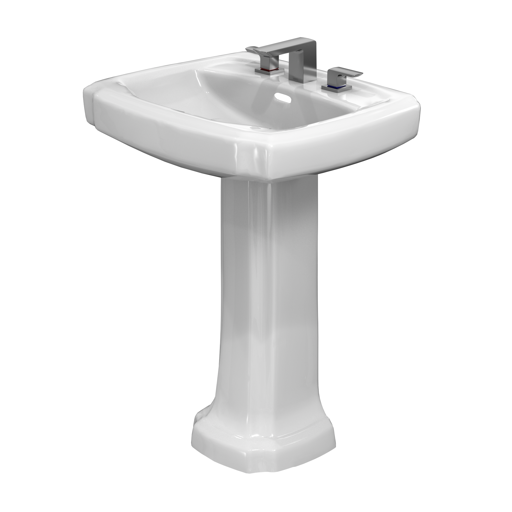 White ceramic pedestal sink with rectangular basin and chrome faucet fixture mounted on center.