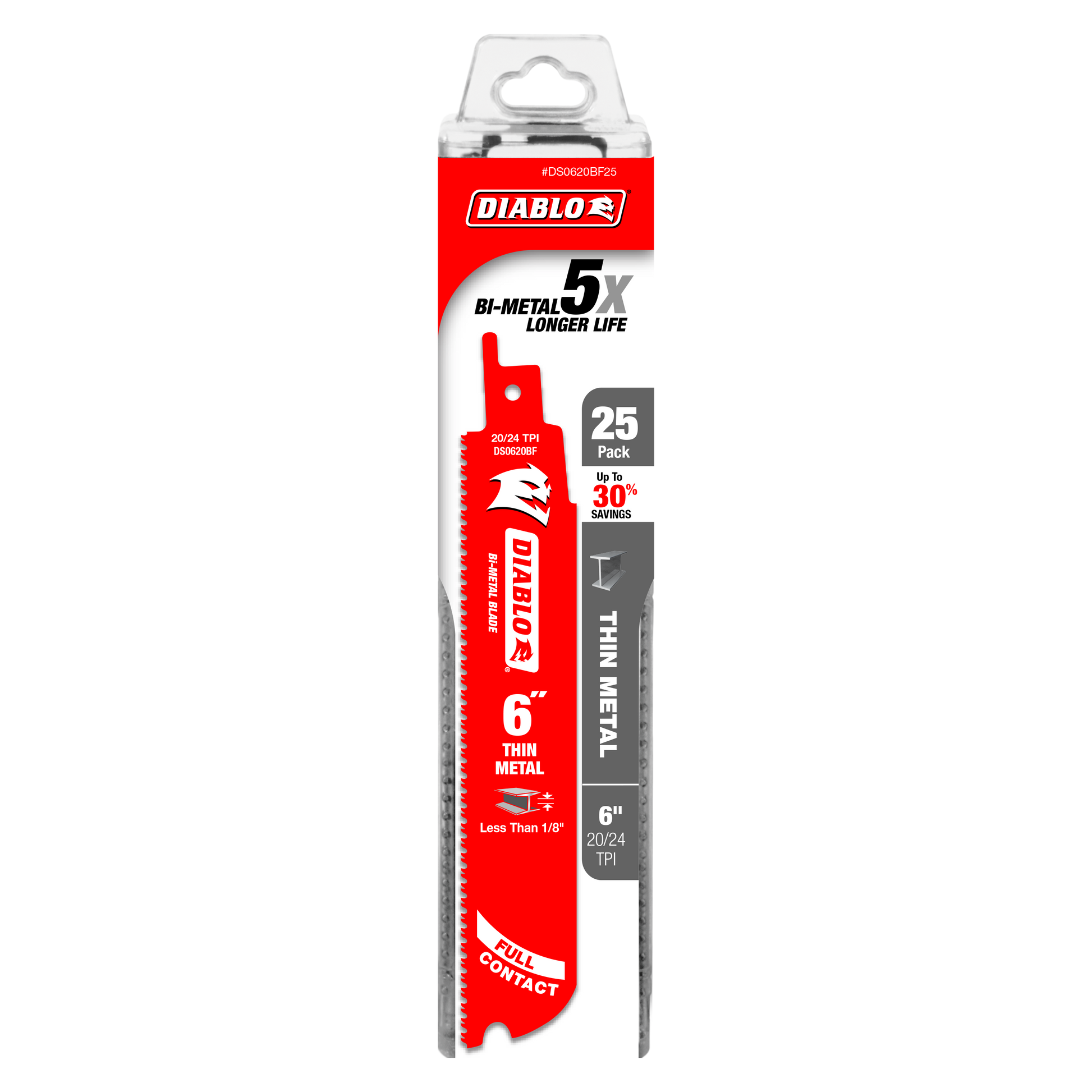Diablo 6-inch bi-metal reciprocating saw blade with red and gray packaging, 25-pack for thin metal cutting.