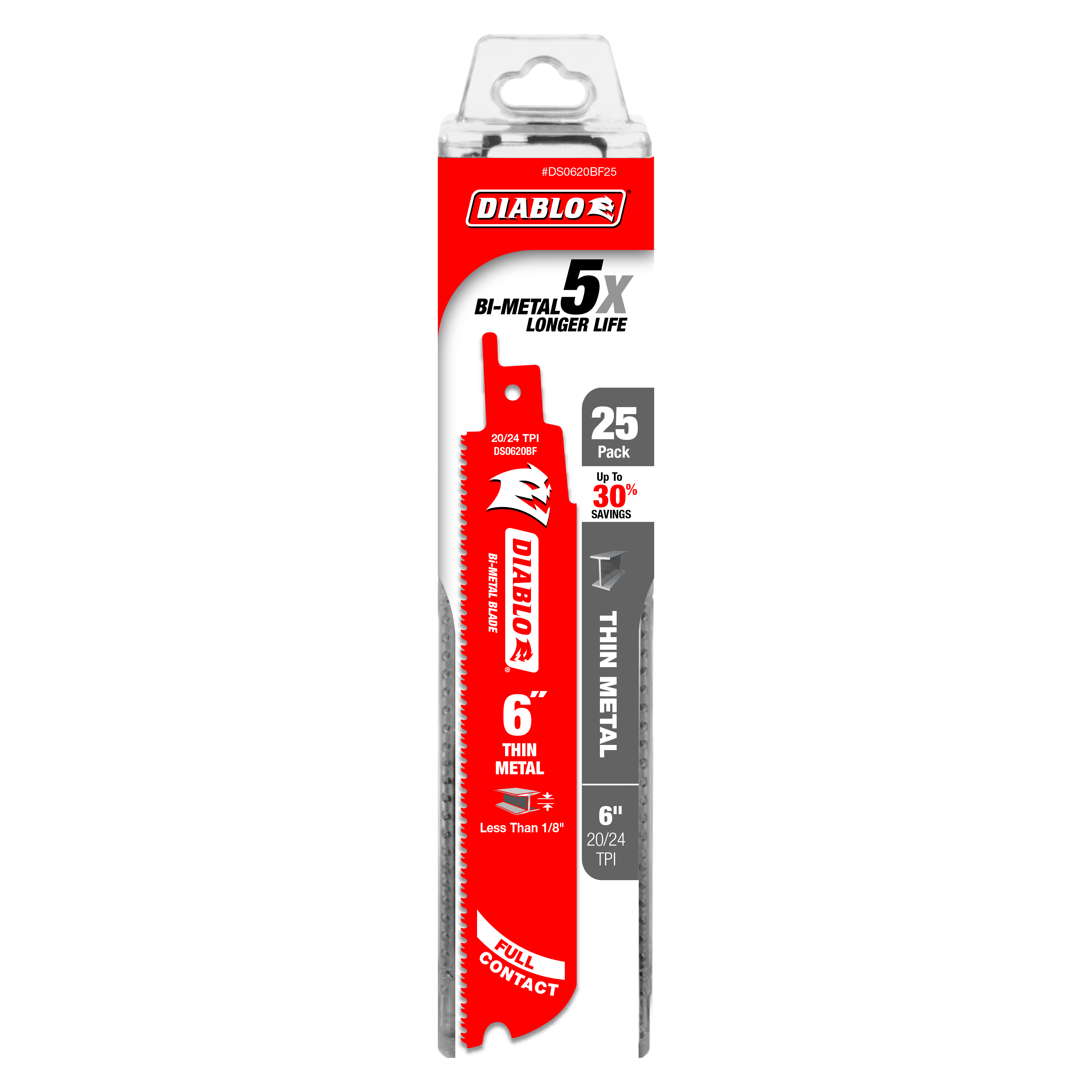 Diablo 6-inch bi-metal reciprocating saw blade with red and gray packaging, 25-pack for thin metal cutting.