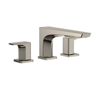 Polished nickel two-handle deck-mount roman tub filler with curved spout and square handles.