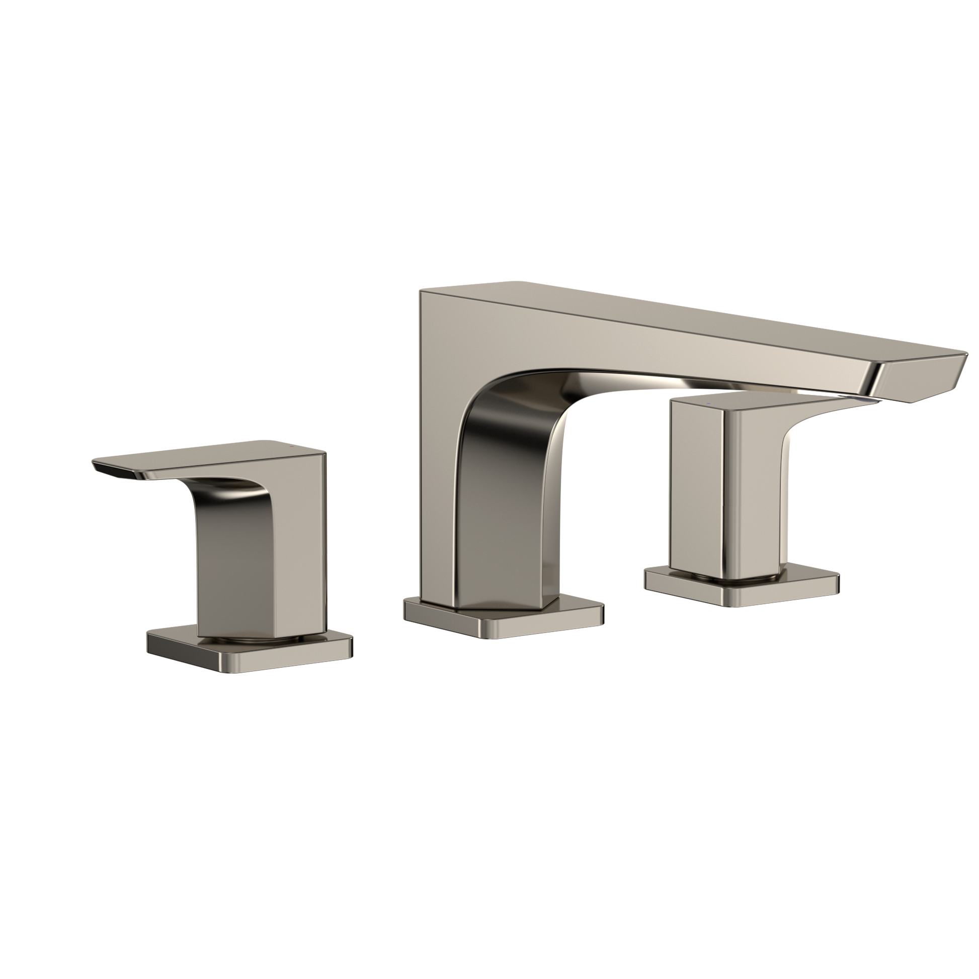 Polished nickel two-handle deck-mount roman tub filler with curved spout and square handles.