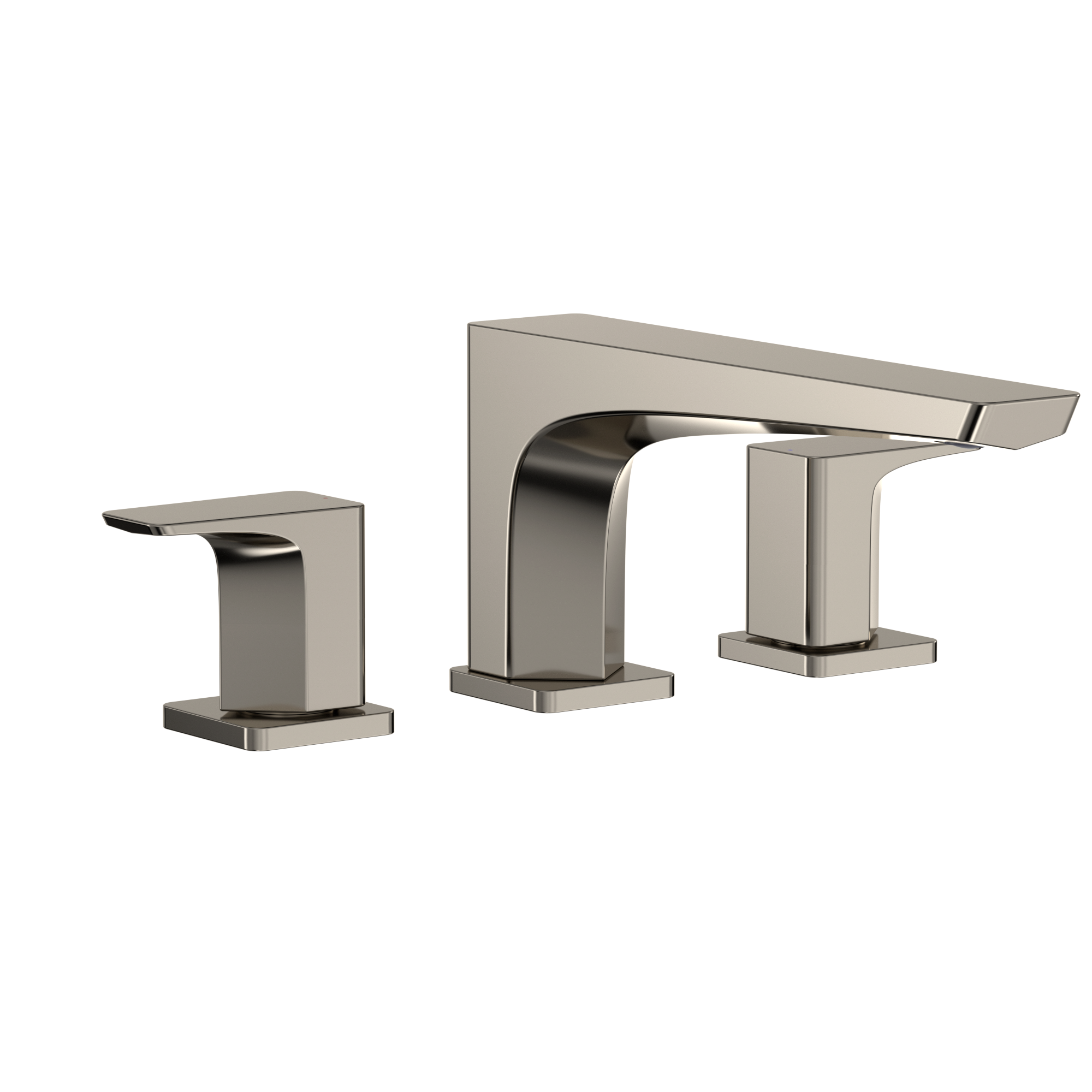 Polished nickel two-handle deck-mount roman tub filler with curved spout and square handles.