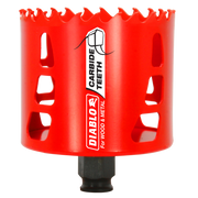 Red carbide-tipped holesaw with serrated edge and black adapter base, labeled Diablo for wood and metal cutting.