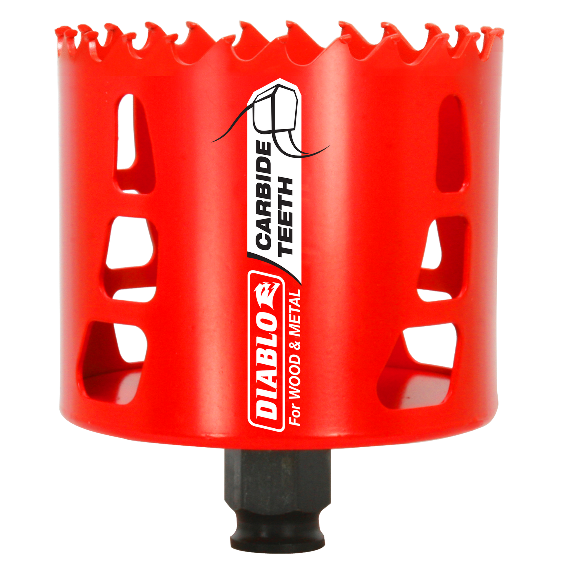 Red carbide-tipped holesaw with serrated edge and black adapter base, labeled Diablo for wood and metal cutting.