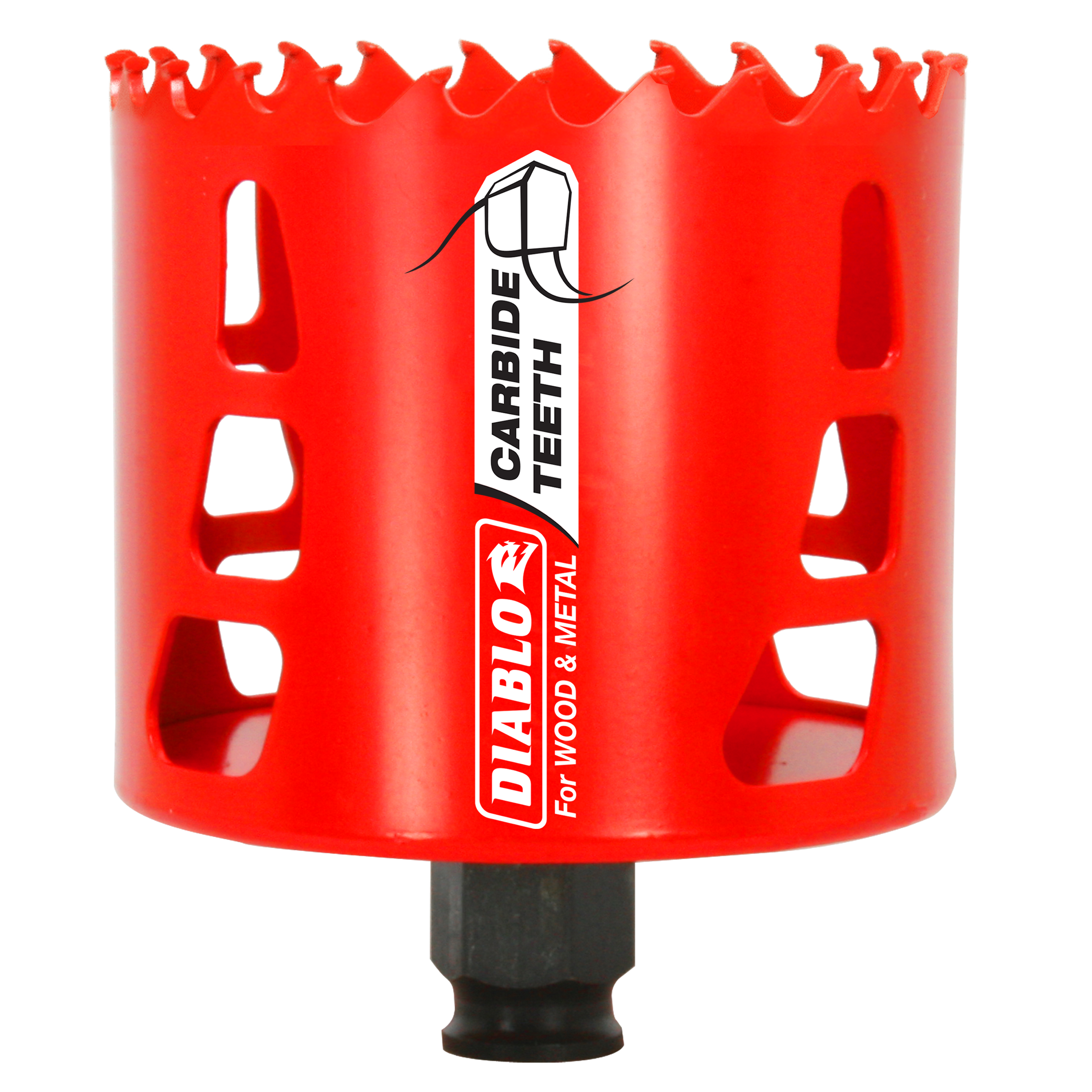 Red carbide-tipped holesaw with serrated edge and black adapter base, labeled Diablo for wood and metal cutting.