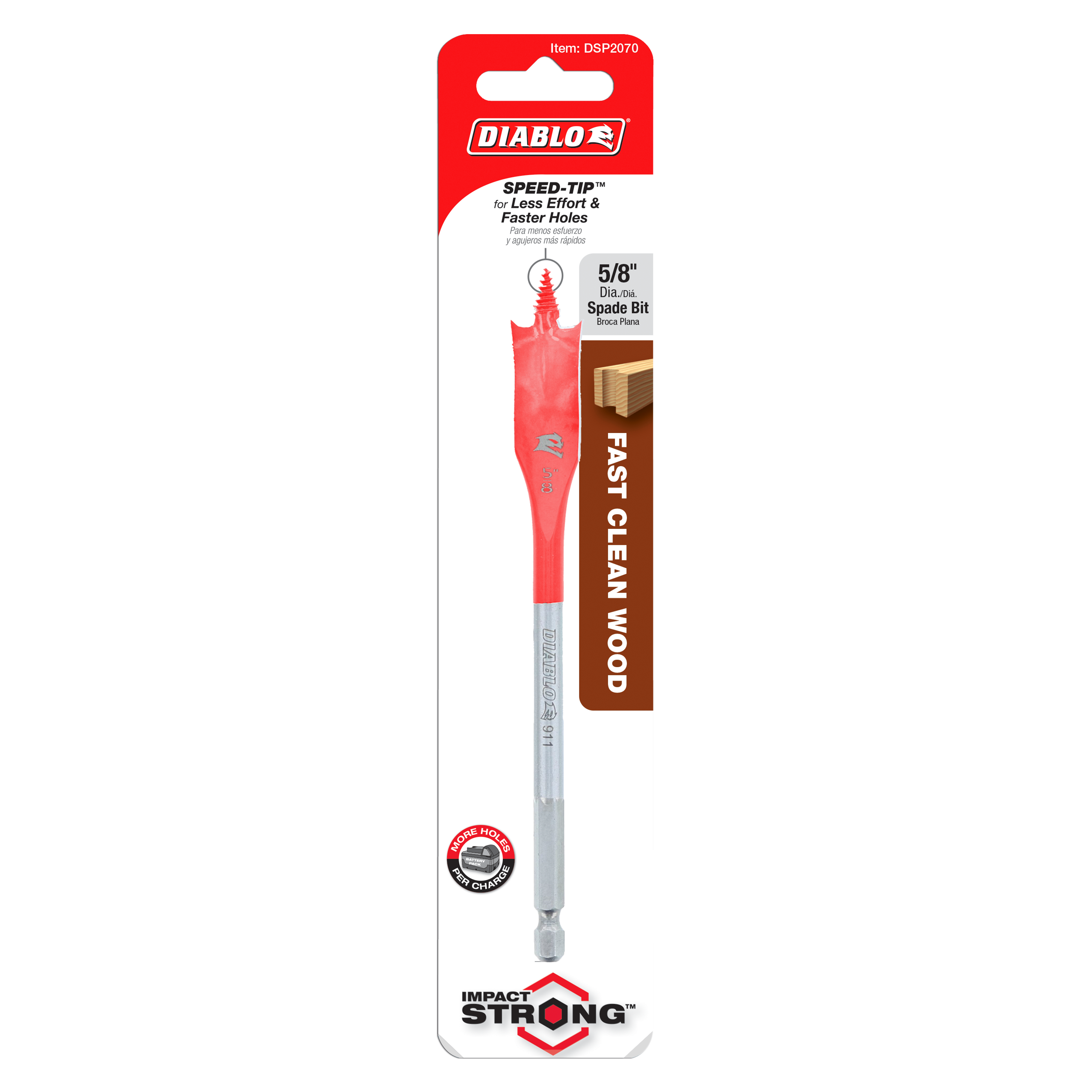 Diablo 5/8 inch spade bit with red tip and gray shaft on packaging card.