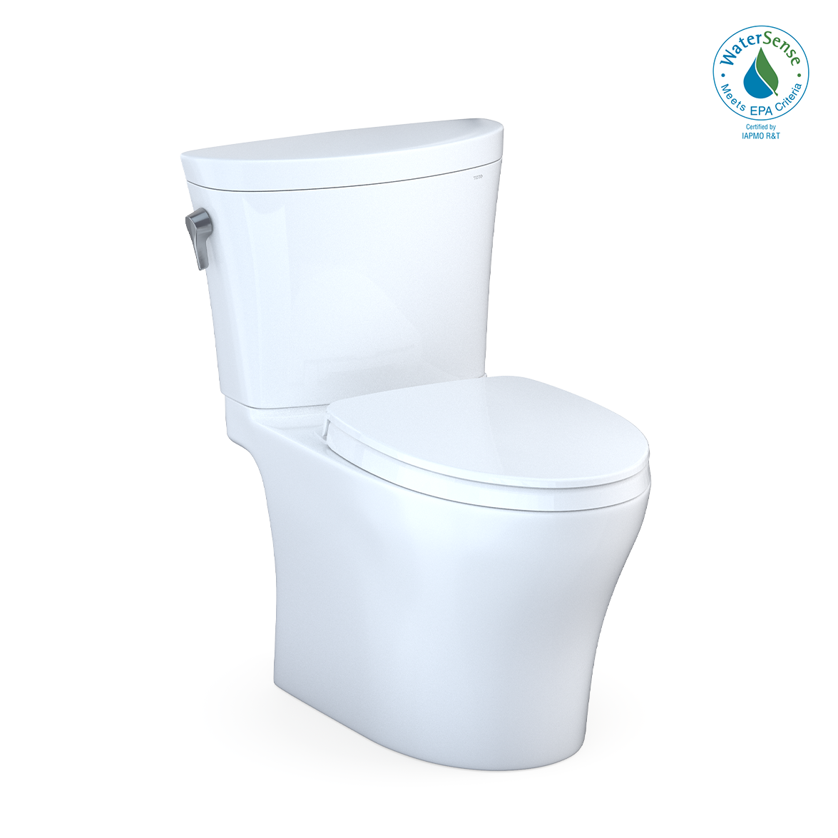 White two-piece elongated toilet with soft-close seat and dual-flush tank, viewed from front angle.