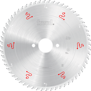 Silver circular saw blade with Freud branding, central mounting hole, and red marker symbols around the edge.